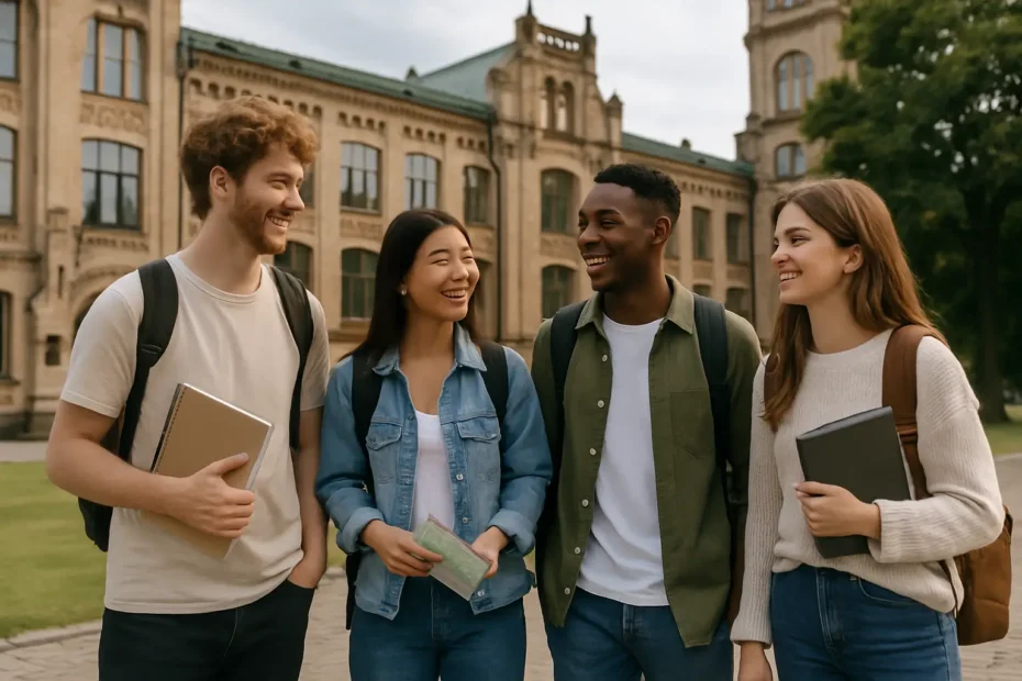 Four diverse university students smiling and talking outside a historic campus building, representing real study abroad experiences and international friendship.