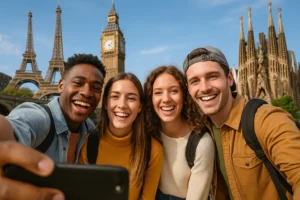 A diverse group of international students smiling in front of famous European landmarks like the Eiffel Tower, Big Ben, and Sagrada Família, representing the best cities in Europe for international students.