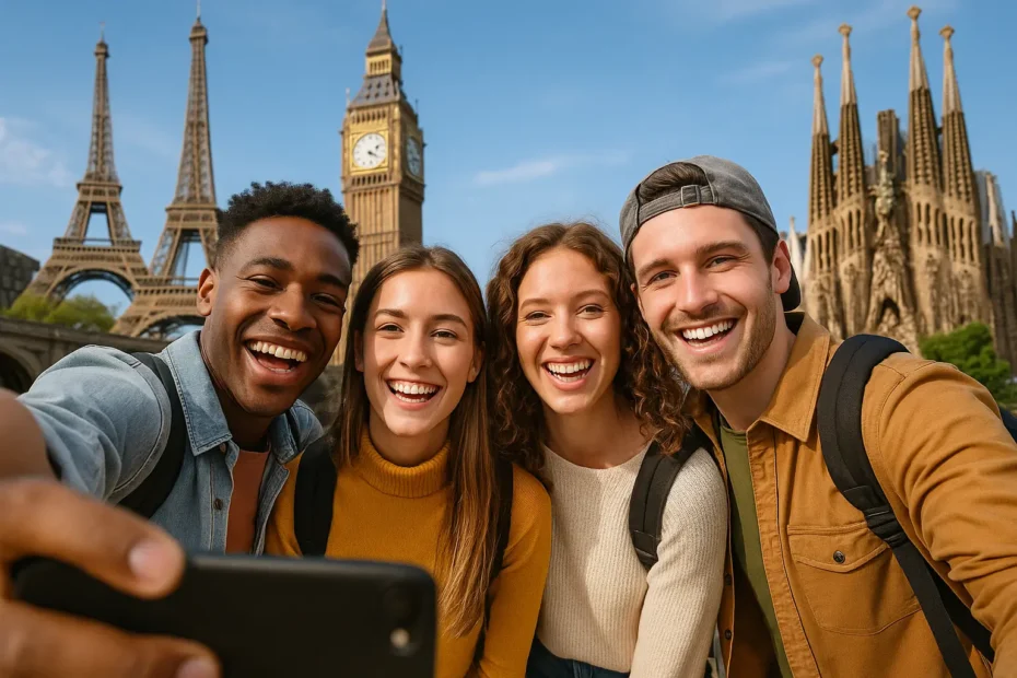 A diverse group of international students smiling in front of famous European landmarks like the Eiffel Tower, Big Ben, and Sagrada Família, representing the best cities in Europe for international students.