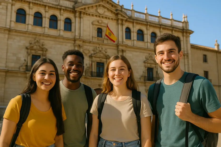 A group of international university students smiling in front of a historic Spanish building with the Spanish flag, representing the experience of studying in Spain.
