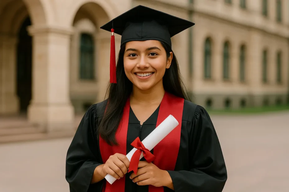 A young international graduate in cap and gown smiling and holding a diploma in front of a classic university building, symbolizing scholarship achievement and global education opportunities.