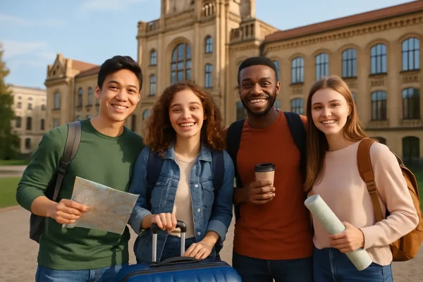 Four diverse, smiling students with backpacks standing in front of a classic university building, representing the excitement and opportunities of studying abroad.